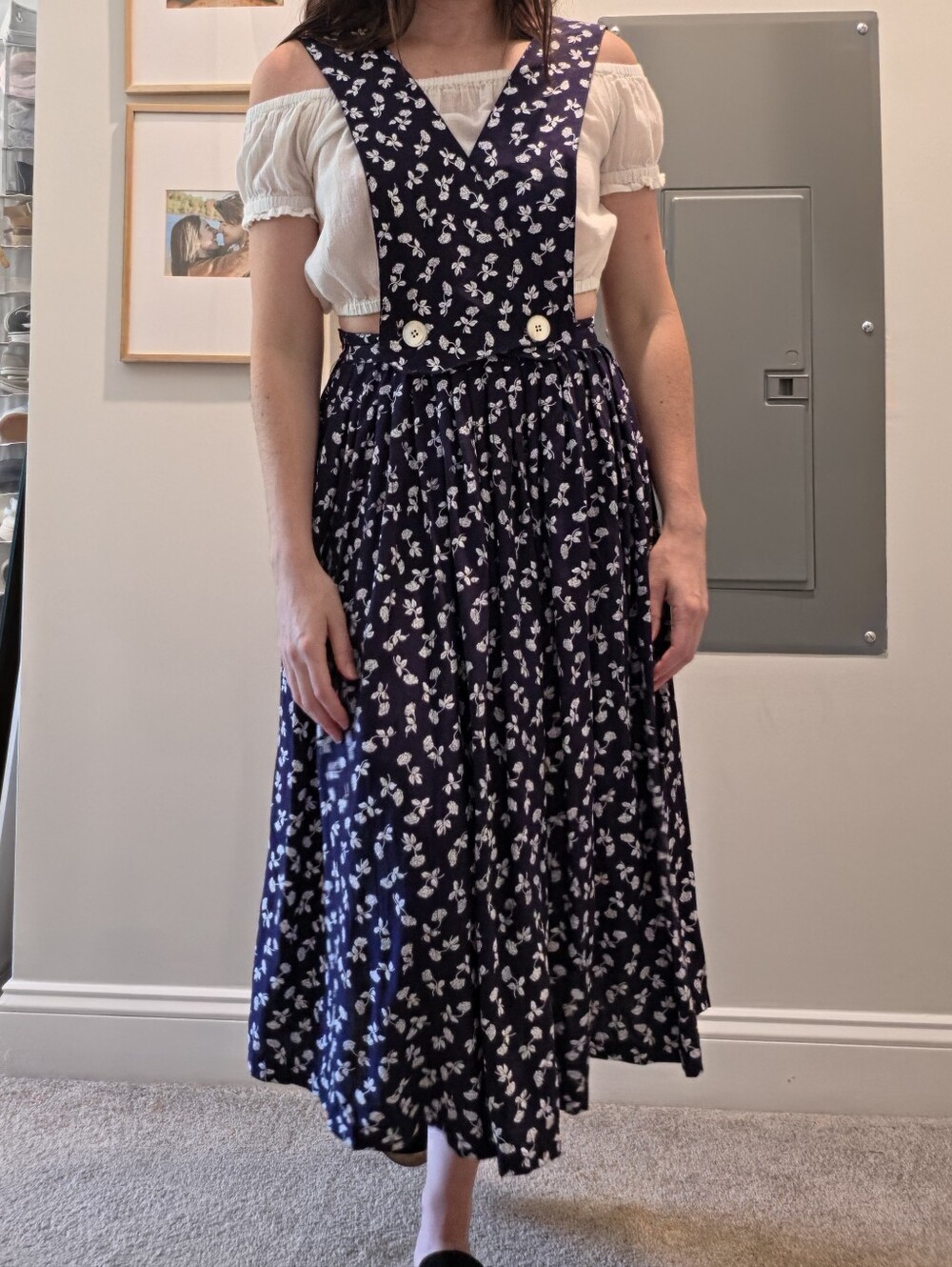 Vintage Navy Floral Rose Jonathan Martin Pinafore Dress with Buttoned Waist
